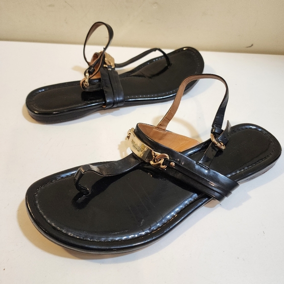 COACH Stylish Black Patent Leather Flat Sandals with Gold Accents Size 8.5B - Picture 1 of 10